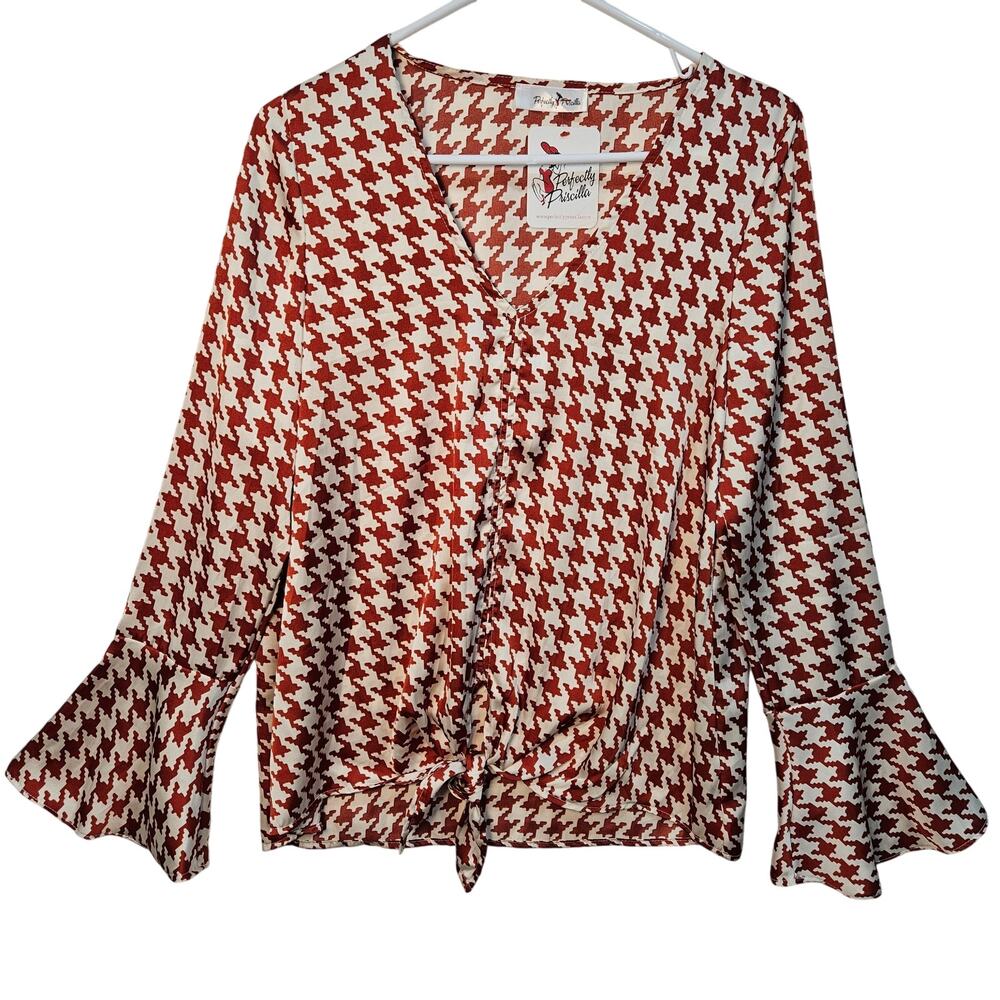 Perfectly Priscilla Cream Red Houndstooth Top Bell Sleeve Tie Bottom Small NWT - Picture 8 of 13